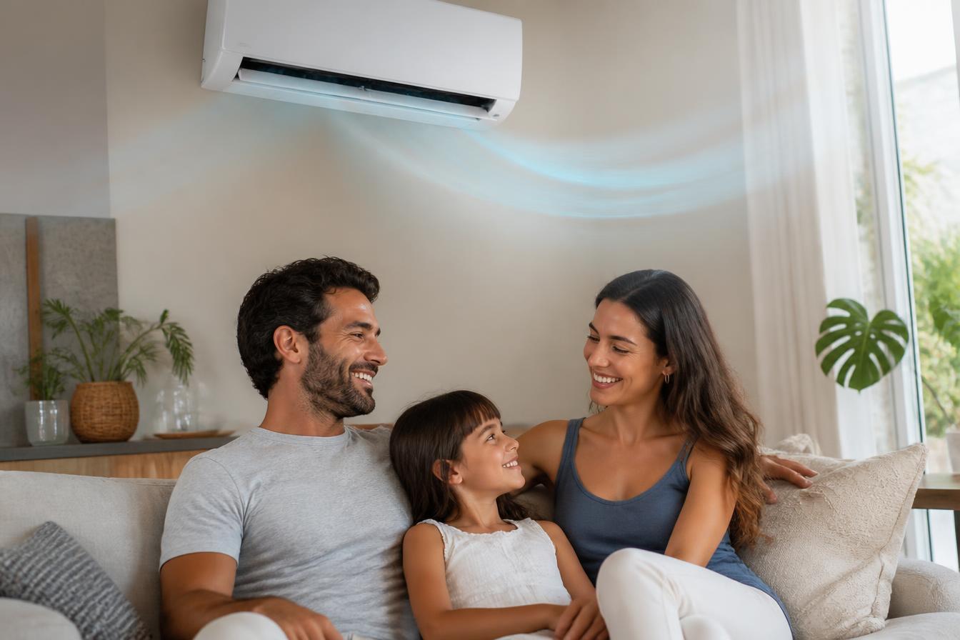 Família relaxando em casa com ar-condicionado instalado pela Quality Ar